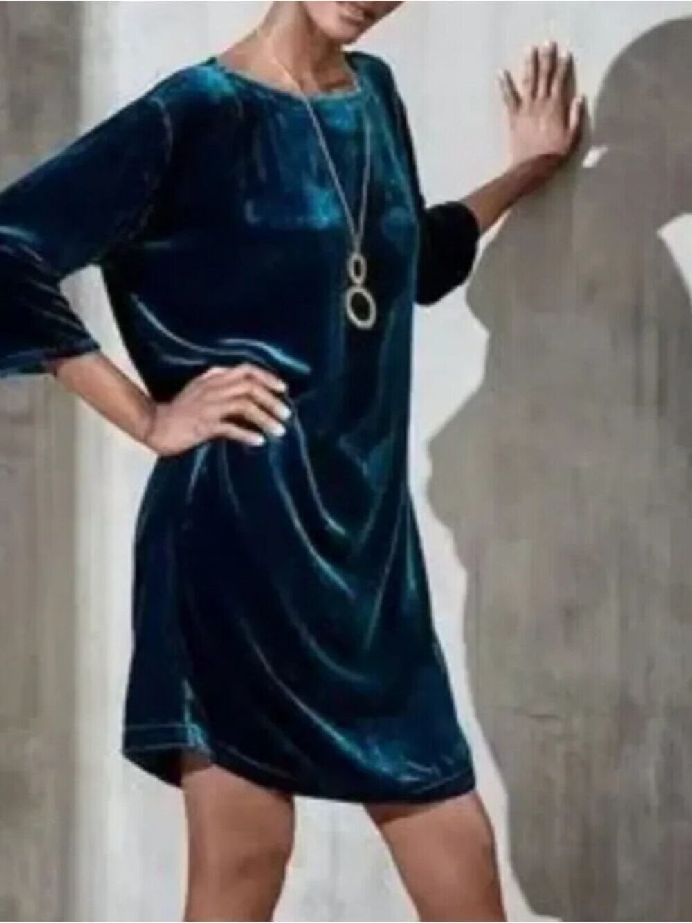 Eileen Fisher Blue Spruce Velvet Bateau Neck Short Shift Dress Size LARGE